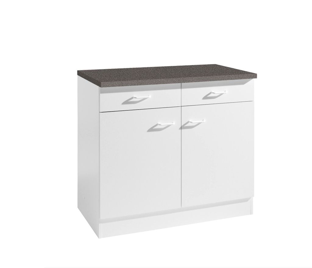 Küchen Unterschrank Start 80 cm breit 50 cm tief in weiß mit 2 Schubladen und Arbeitsplatte