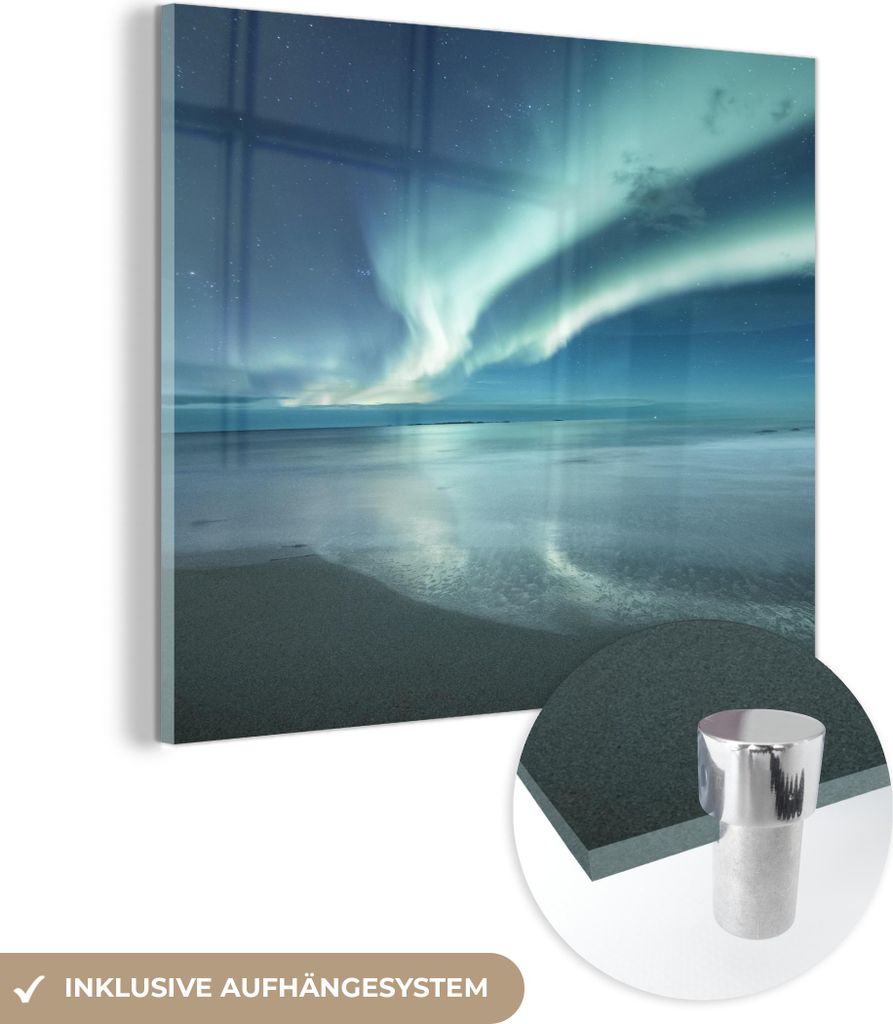 MuchoWow Glasbilder - Bilder auf Wandbild - Foto auf Glas Nordlicht - Strand - Polarlicht - Natur 50x50 cm Wanddekoration aus Glas - Acrylglasbild ...