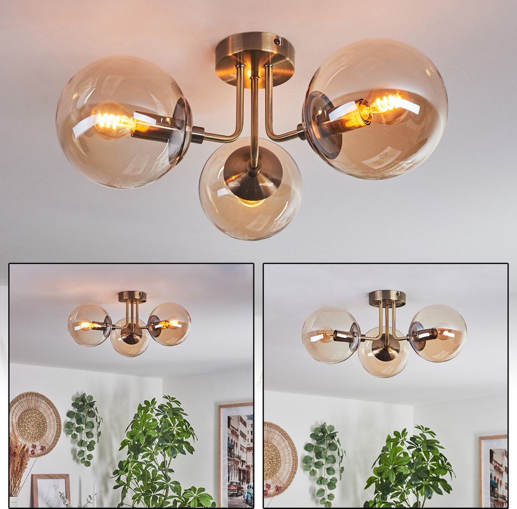 Sarno Deckenlampe aus Metall/Glas in Altmessingfarben/Bernsteinfarben
