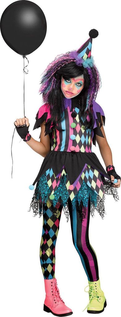 Neon Clown Kleid - Halloween Kostüm Kinder Mädchen Kindergröße: 152-164