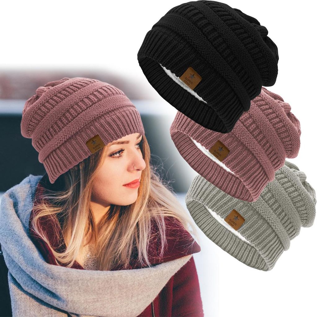 Winter Beanie Mütze Damen Herren – Gefütterte Strickmütze mit weichem Fleece, Strickmütze atmungsaktiv, Uni für kalte Tage, A0499 Schwarz