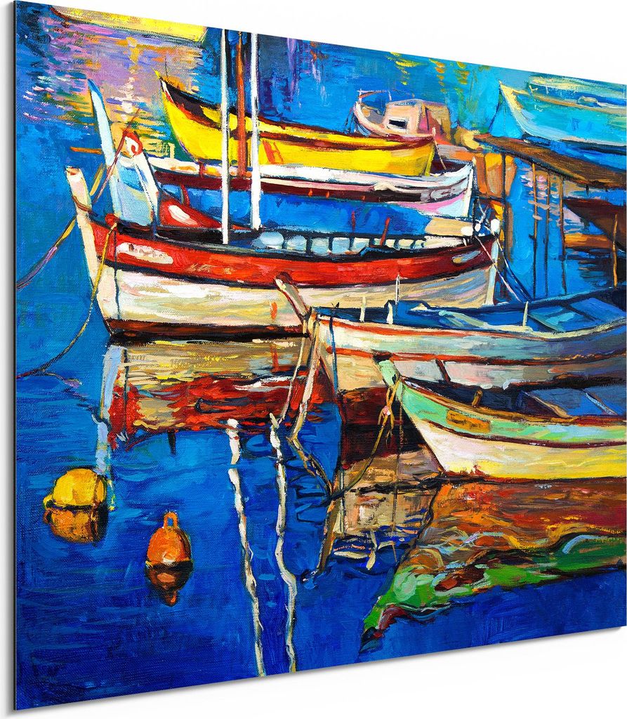 DEQORI Alu-Dibond Bild Weiß 80x60 cm 'Farbenfroher Hafen' Wandbild Metall dünn Design