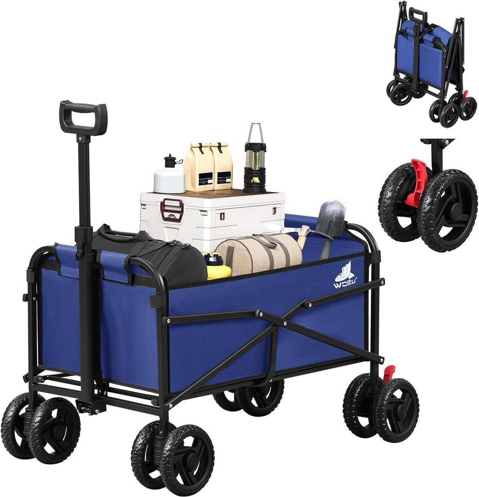 A blue folding wagon filled with camping gear, shown from a slightly elevated side angle. Inset images show the wagon folded and a close-up of its wheels.