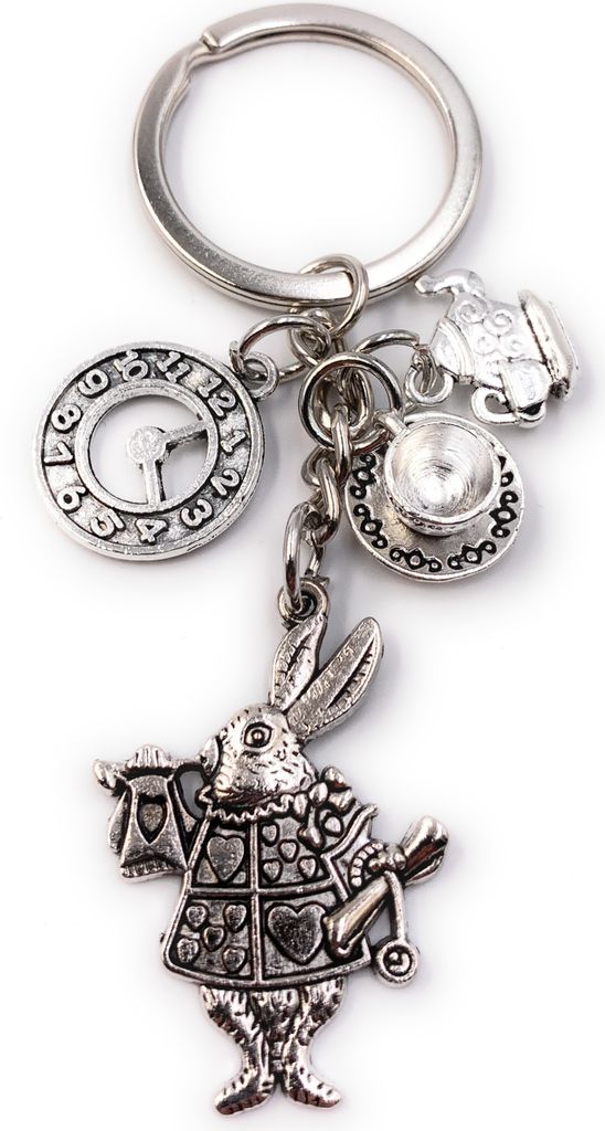 Onwomania Schlüsselanhänger Keychain Silber Metall Osterhase Uhr Tee Hase Anhänger Tripple