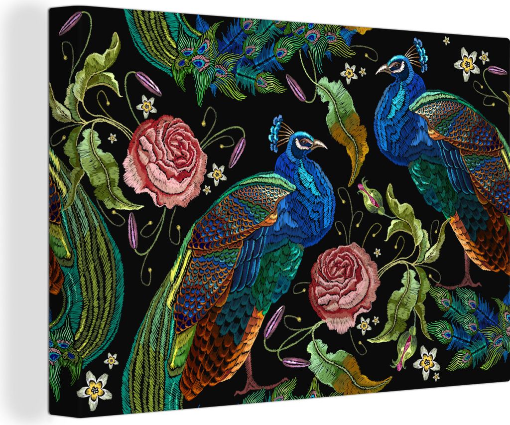 OneMillionCanvasses - Leinwandbilder - 150x100 cm, Stickereidruck - Pfau - Blumen - Rosen, Wandbilder Kunstdruck Wanddekoration