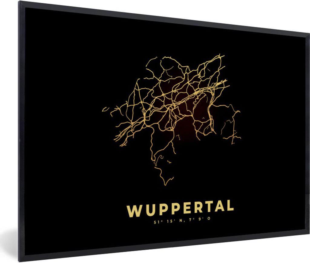 MuchoWow Gerahmtes Poster Stadtplan - Karte - Gold - Wuppertal - Karte 90x60 cm - Poster mit Schwarzem Bilderrahmen Wandposter Rahmen Foto Bilder...