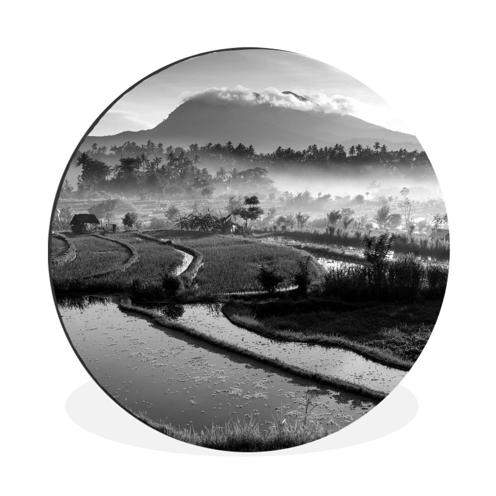 MuchoWow Aluminium Wandkreis Indonesien - Reis - Nebel - Schwarz und weiß Ø 90 cm Wanddeko Modern Wohnzimmer - Mauerkreis - Wandbilder - Runde ...