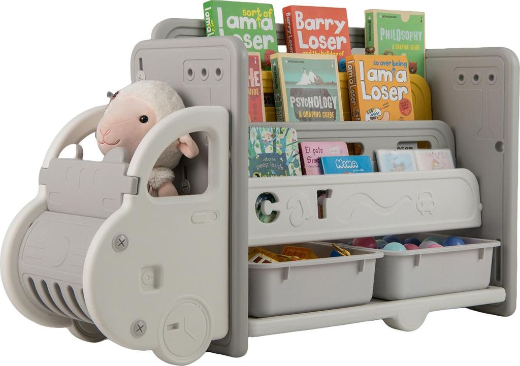 GOPLUS Bücherregal Kinder, Kinderregal in Autoform mit 3 Regalflächen, 2 herausnehmbaren Aufbewahrungsboxen, Beige + Grau