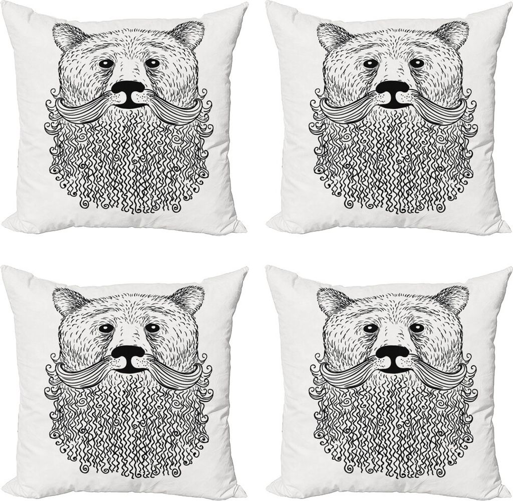 ABAKUHAUS Indie Kissenbezug Set (4 Stück), Doodle Bär mit Bart, Moderner Doppelseitiger Digitaldruck, 40 cm x 40 cm, Schwarz-Weiss