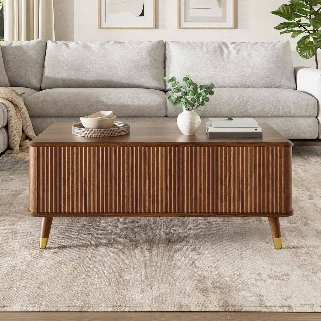 Table de salon relevable multifonction style vintage aspect noyer chic - 2
