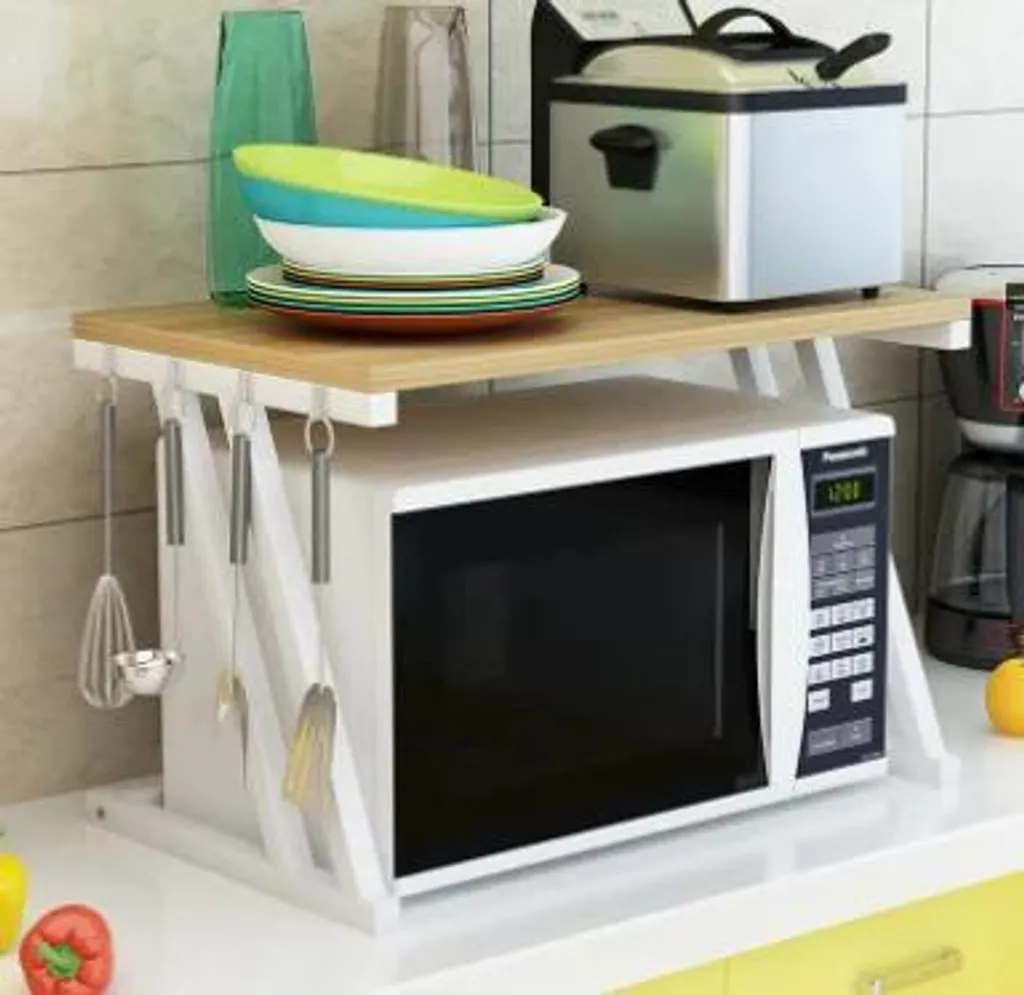 Support micro-ondes à poser 2 étages bois vert pastel imperméabilisé