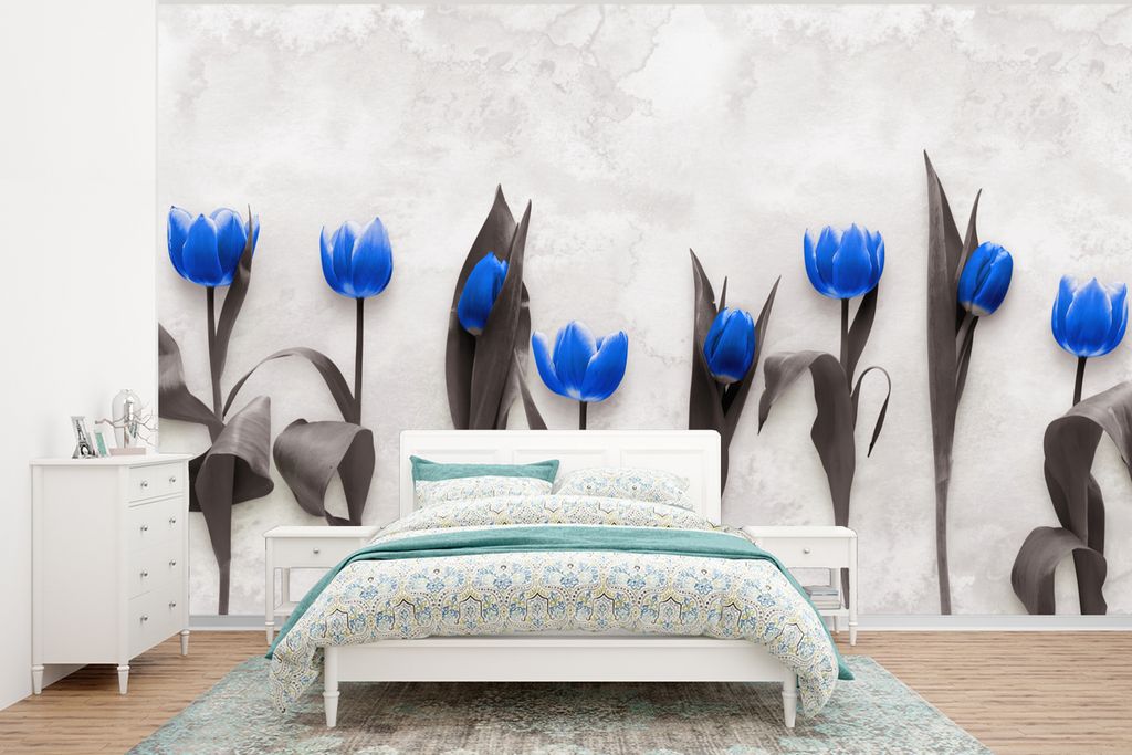 MuchoWow Fototapete für Wohnzimmer oder Schlafzimmer Wandtapete Vinyl Motivtapete Blumen - Tulpen - Blau - 320x240 cm - Tapeten