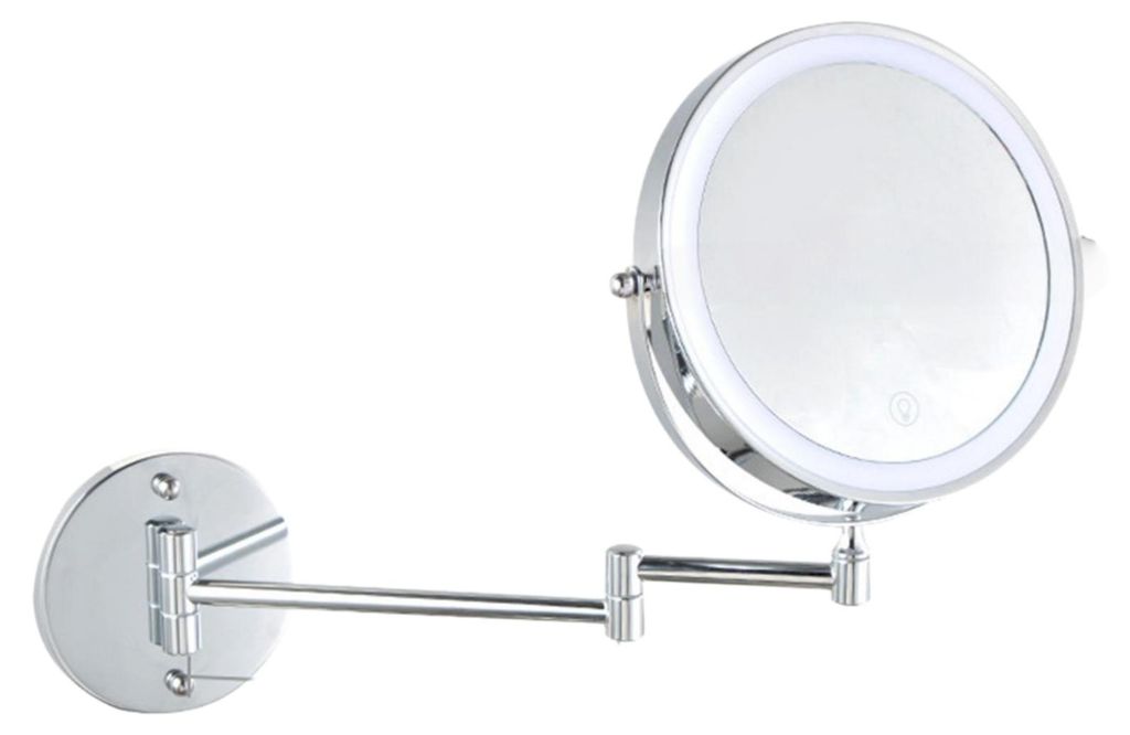 ZELURXX LED Make-up-Spiegel 8 Zoll, wandmontiert, doppelseitig, 3X Vergrößerung, 360° drehbar, 3 Lichtfarben, Silber
