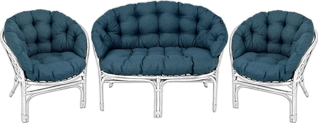 A set of outdoor furniture, including a loveseat and two armchairs, with blue cushions.