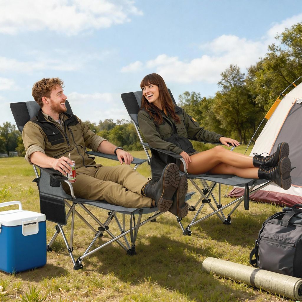 Campingstuhl 2er Set faltbar mit Fußstütze, Angelstuhl Klappstuhl Outdoor, Stahl 600D Oxford, Grau | 125 x 48 x 90 cm | bis 120 kg | 7 kg