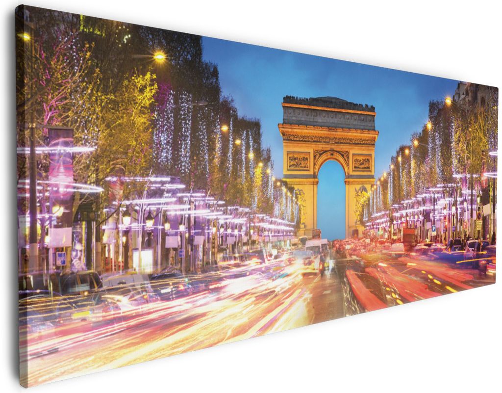 Wallario Premium Leinwandbild Arc de triomphe in Paris bei Nacht in Größe 80 x 200 cm