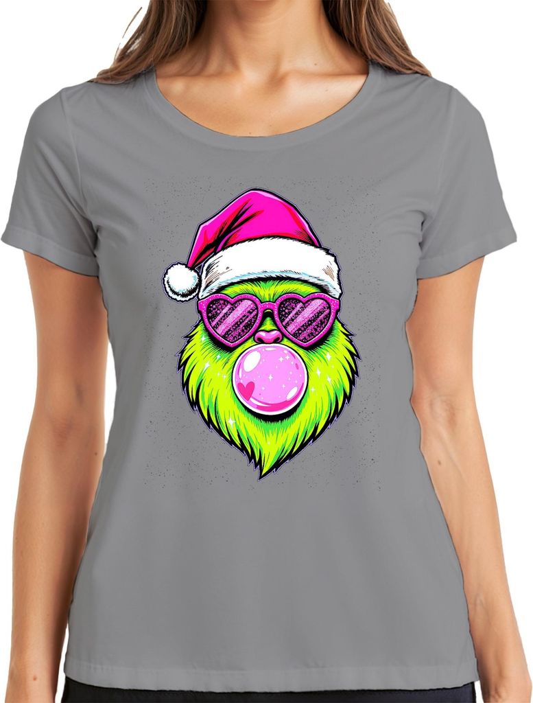 Grinch Weihnachten Bubblegum Herzbrille Neon Kawaii Santa PopArt Damen T-Shirt, Grau, XXL