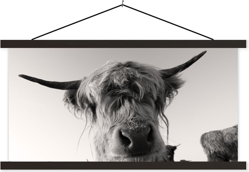 MuchoWow Textilposter Schottisches Hochlandrind - Schwarz - Weiß - Tiere 120x60 cm mit schwarzem Rahmen - Dekoration Schlafzimmer