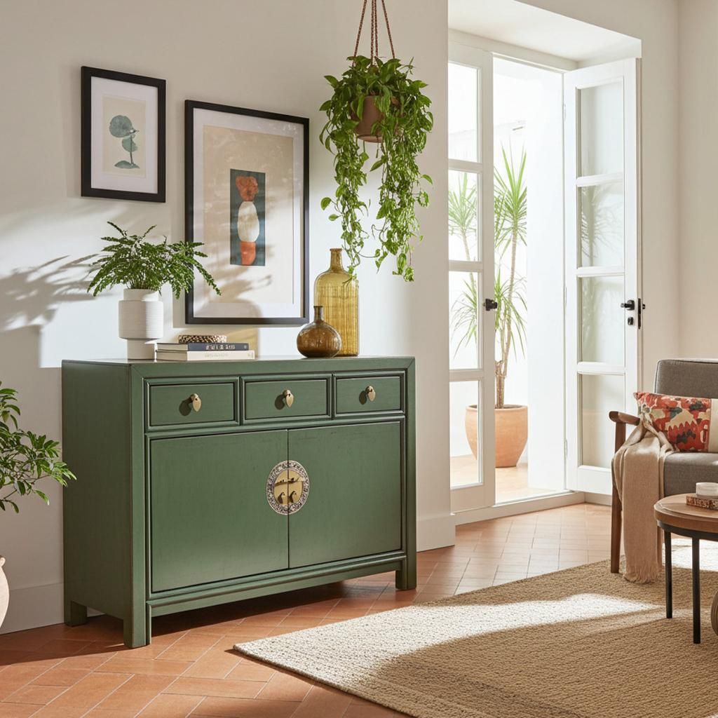 OPIUM OUTLET Chinesische Kommode Asia Sideboard orientalischer Schrank asiatische Vintage Möbel Anrichte Hochzeitsschrank komplett montiert oliv