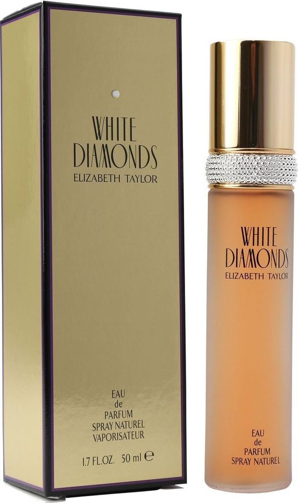 White Diamonds Parfum von Elizabeth Taylor in goldener Flasche mit Zierband aus Kristallen, neben passender goldfarbener Verpackung.