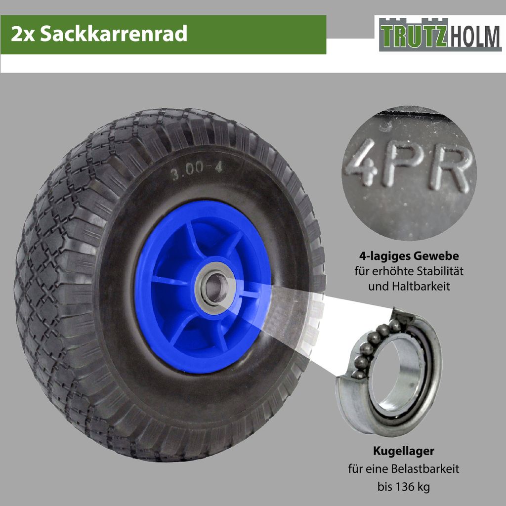 2x Sackkarrenrad 260x85 mm 3.00-4 Bollerwagenrad, Luftrad, Produktbild 2