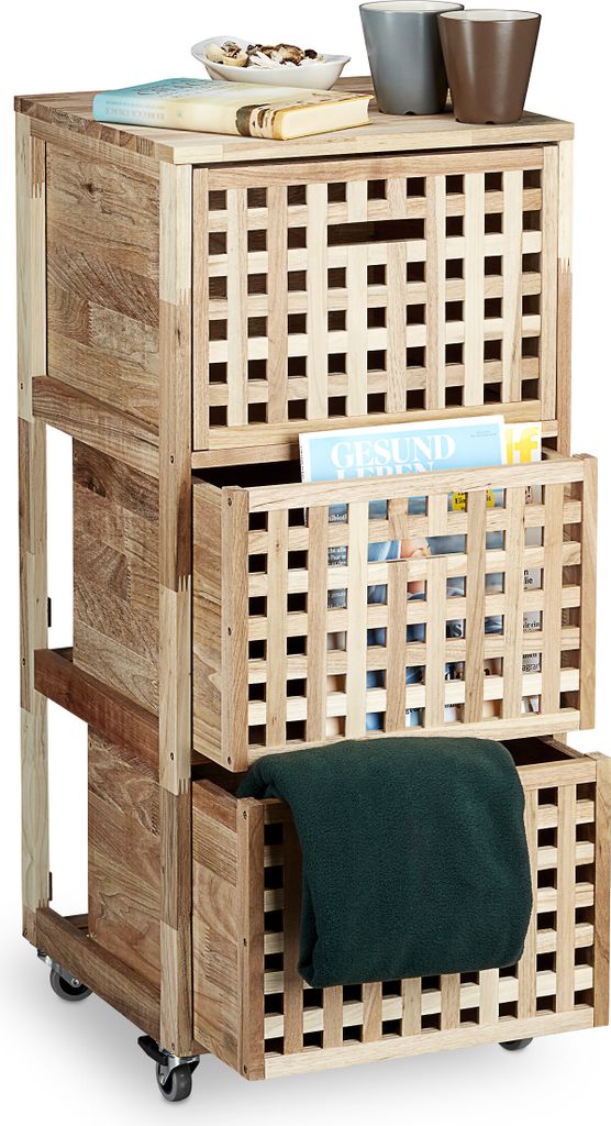 Relaxdays Rollcontainer Holz, 3 Fächer, Produktbild 