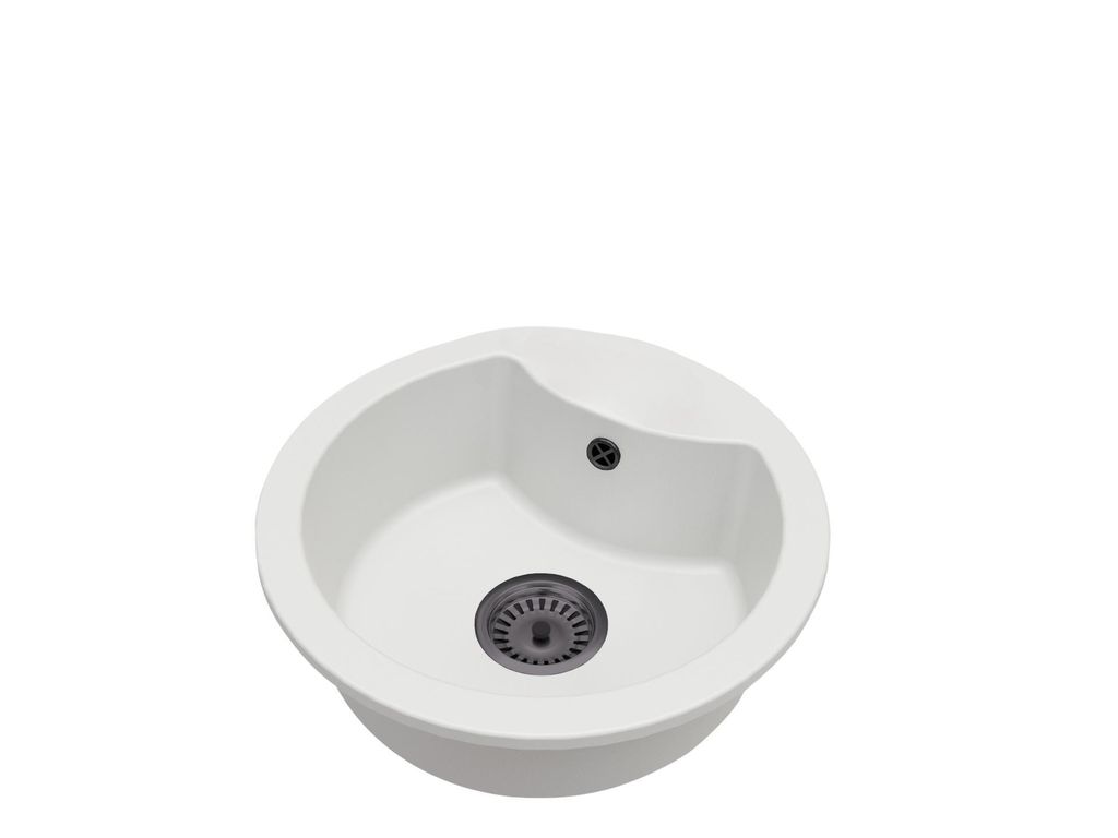 Granitspüle Rund Einbecken MILA – Weiß – Ablaufgarnitur Schwarz