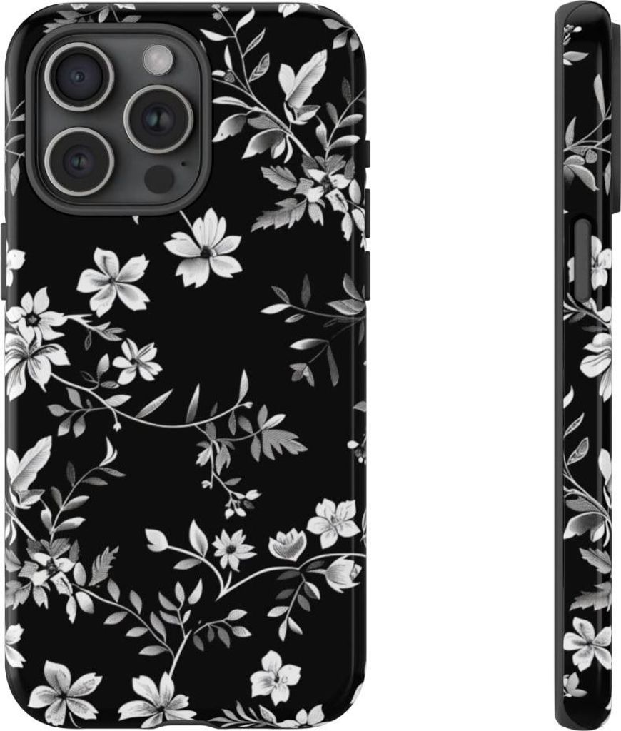 Schwarz-weißes Blumenmuster – Hülle Kompatibel mit iPhone 15 Pro Max