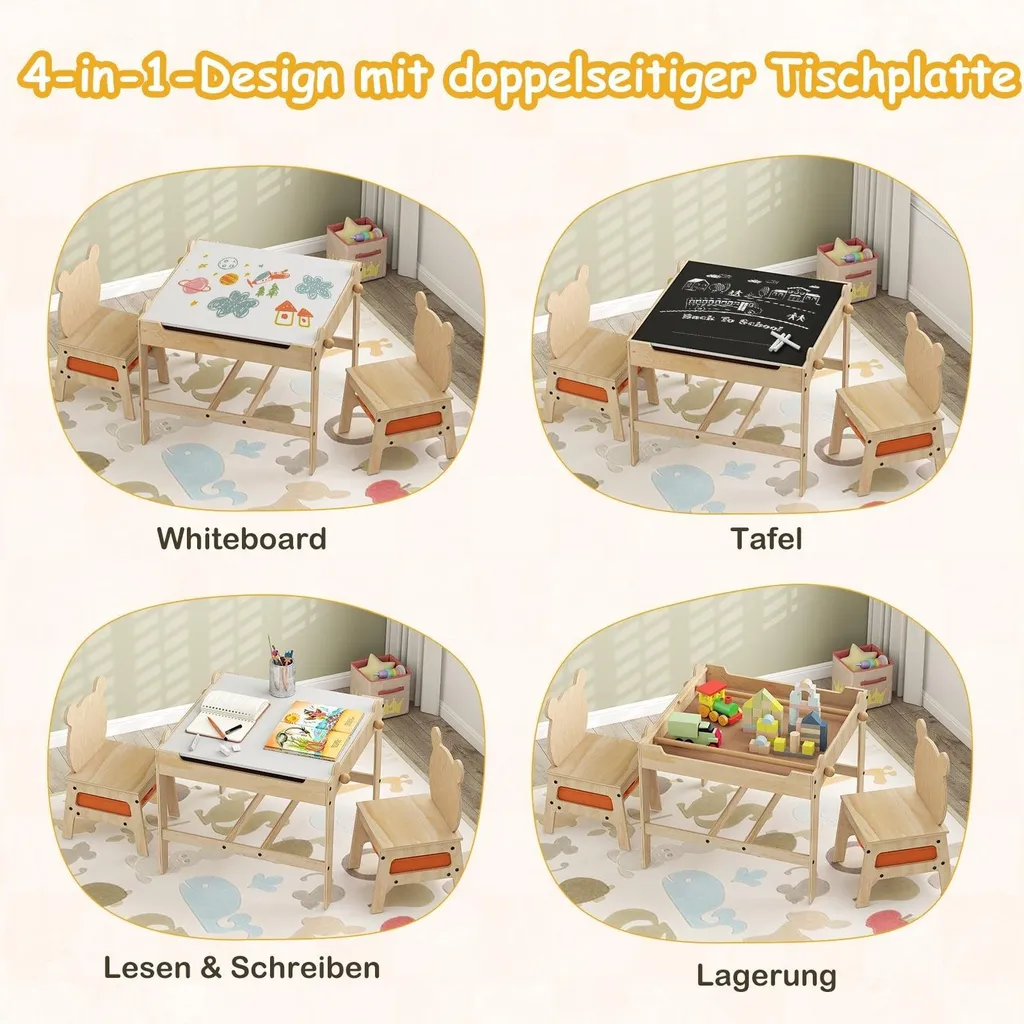 Table Enfant 4 en 1 avec Chaises Panda - Structure Stable et Sécurisée