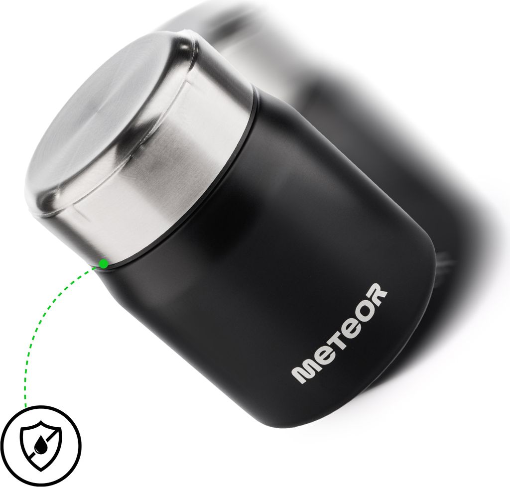 A black insulated food container with a silver lid, shown at an angle against a white background. A green dotted line points to the lid seal, and a small circular icon with a water drop and a diagonal line through it is visible in the lower left corner.