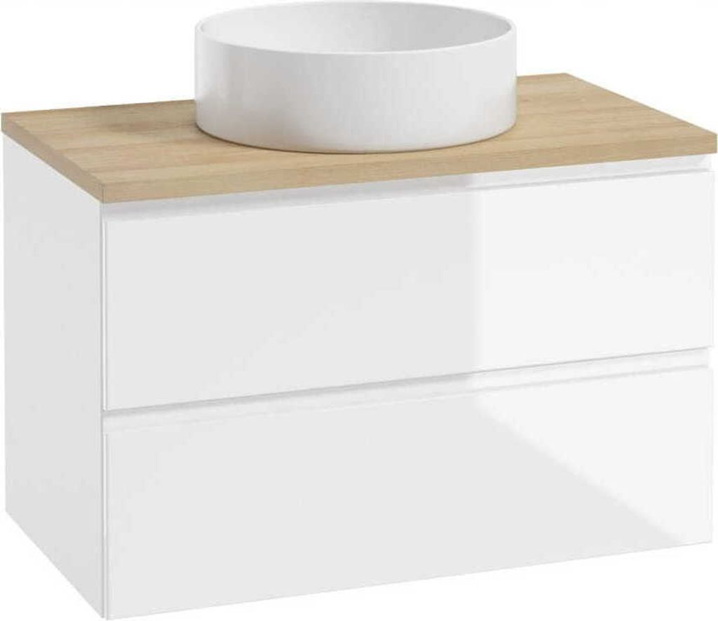 A white basin sits on a wooden countertop of a white cabinet with two drawers.