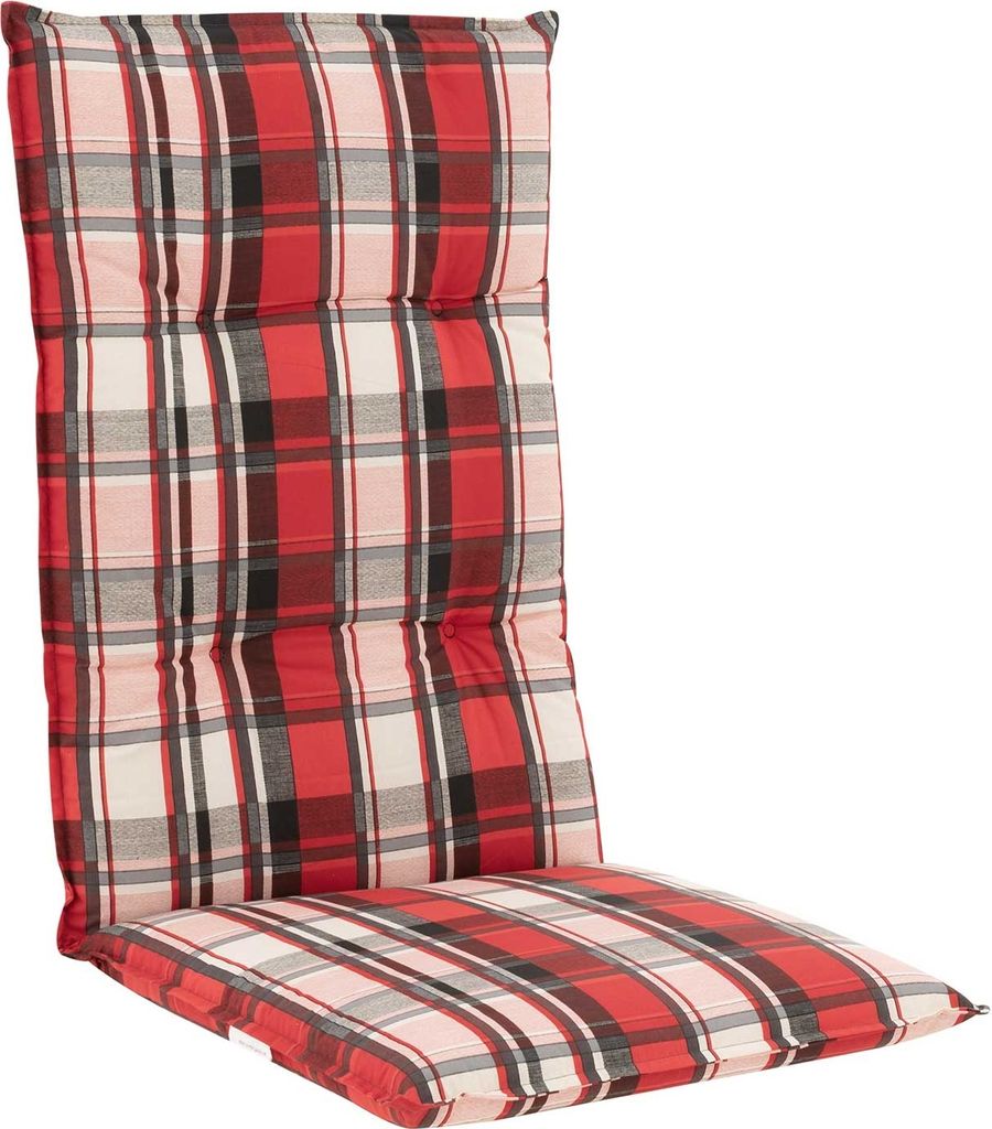 A high chair cushion with a red, white, and black plaid pattern.