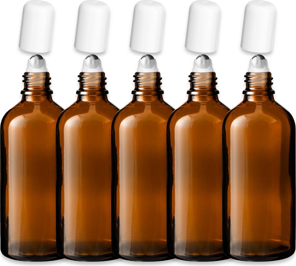 5x Braune Glasflasche 100 ml Roll On mit weißem Verschluss Set