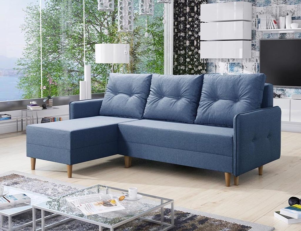 Easy4You Ecksofa FERN Blau L-Form – 222x93x145 cm - Schlafsofa mit Bettkasten und Schlaffunktion - Eckcouch mit Stauraum und Holzfüße, Kissen ...