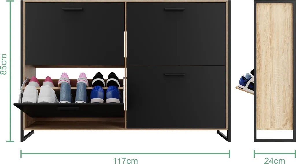 Meuble Chaussures 4 Abattants Bois et Noir - Rangement Entrée Compact
