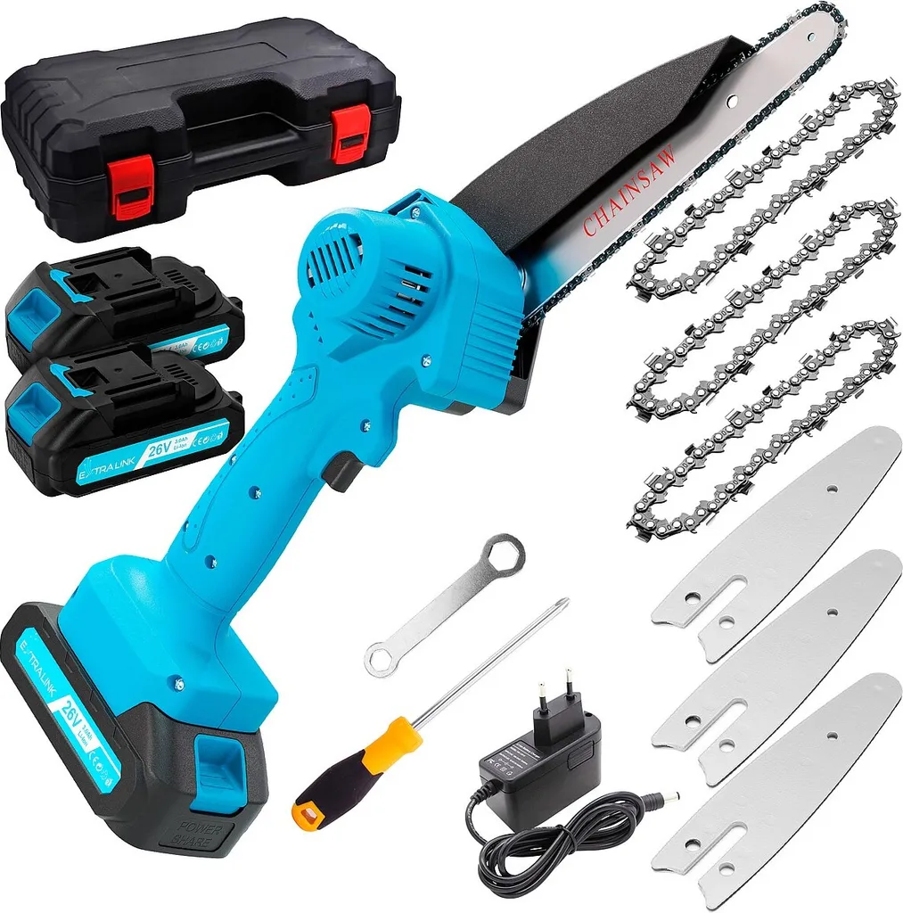 Mini motosega Extralink, 6 pollici 2x batteria da 3 Ah, dimensioni compatte, motore potente e catena 3x in resistente acciaio temprato per un taglio uniforme, impugnatura confortevole, motosega a guida manuale