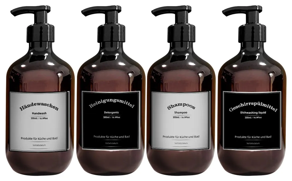 Distributeur Savon Salle de Bains 300ml : Lot de 4 Flacons Pompes Marrons