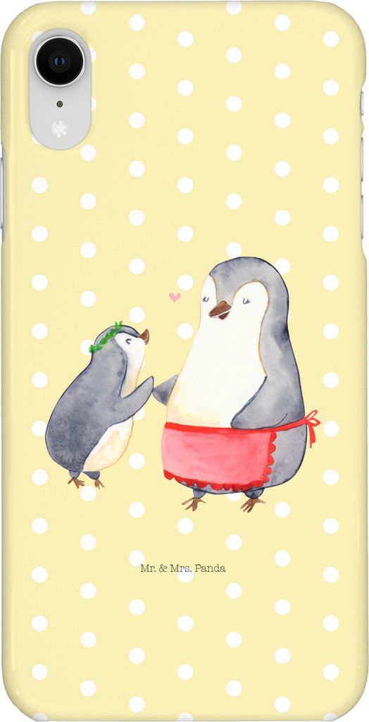 Mr. & Mrs. Panda Iphone XR Handyhülle Pinguin mit Kind - Gelb Pastell - Geschenk, Handy Case, Mama, Mutter, Vorbild, Premium Kunststoff, Pinguine,...