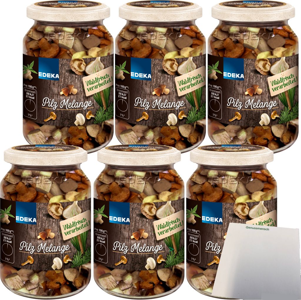 EDEKA Pilz Melange waldfrisch Mischung aus Pfifferlingen Shiitake Kräuterseitlinge Champigons 6er Pack (6x290g Glas) + usy Block