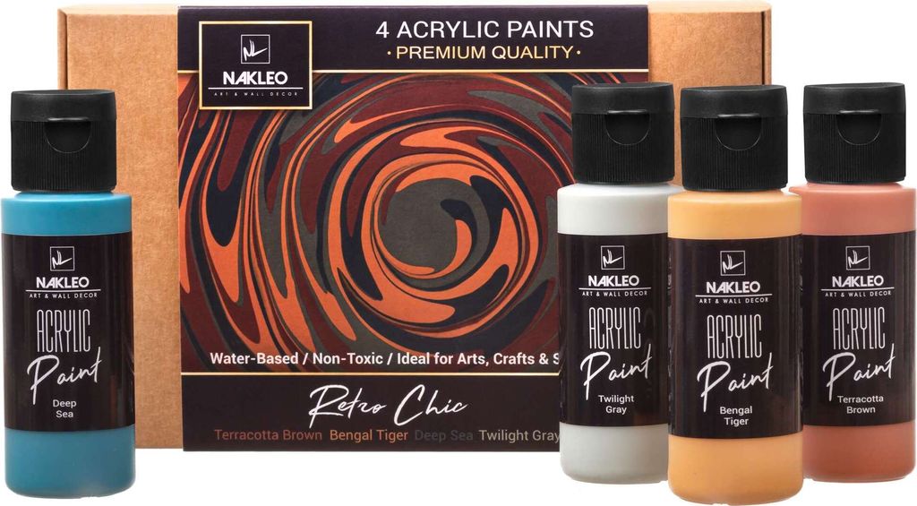Acryl Schablonenfarben Set – 4 Farben (60 ml) – Retro Chic - Terracotta Brown Bengal Tiger Deep Sea Twilight Gray – Künstlerbedarf für Kuns...