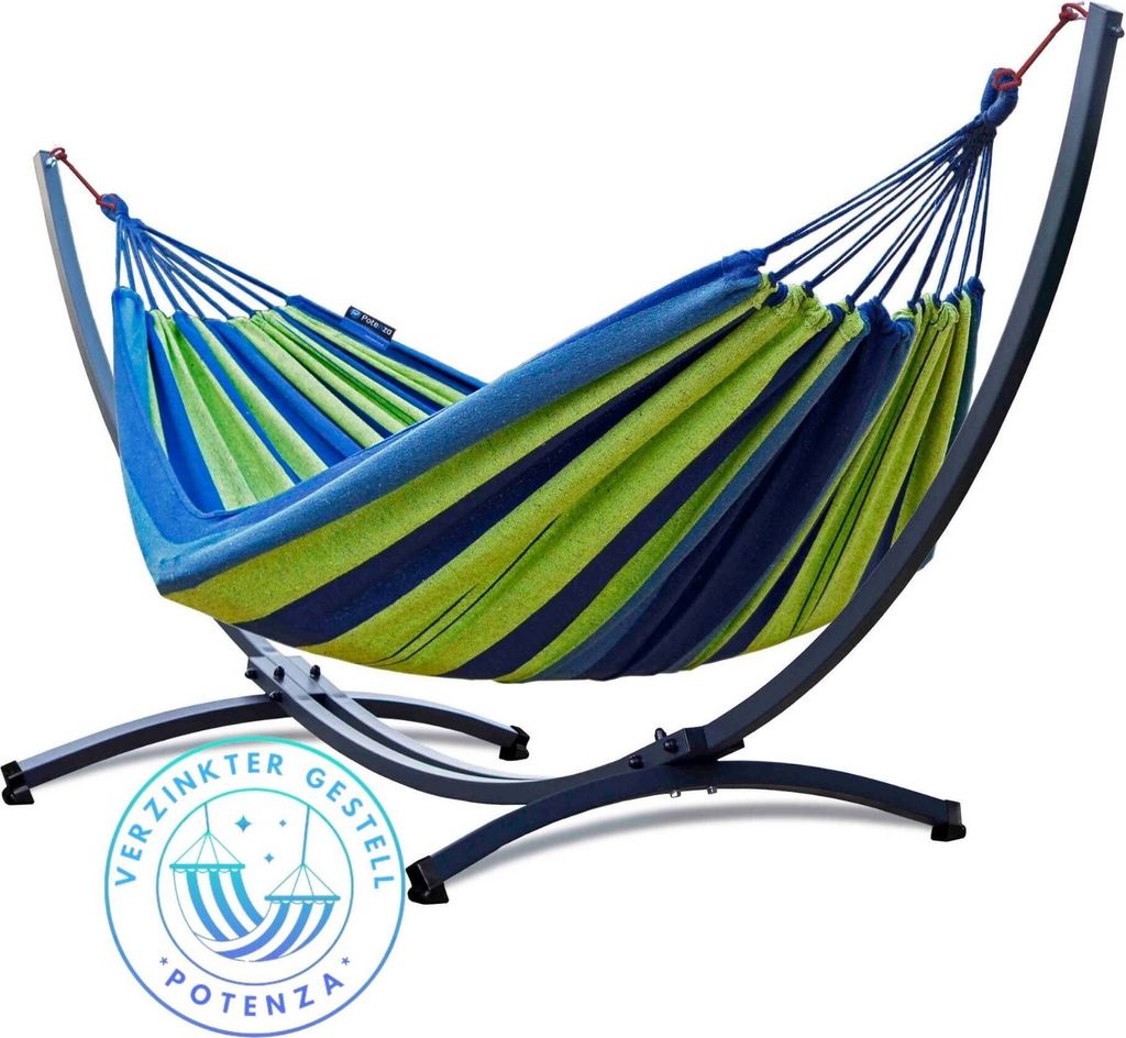Potenza Outdoor Hängematte mit Verzinkter Gestell für 2 Personen I Baumwolle Doppelhängematte XXL 220x160, 200kg I Hängemattengestell 220kg, we...
