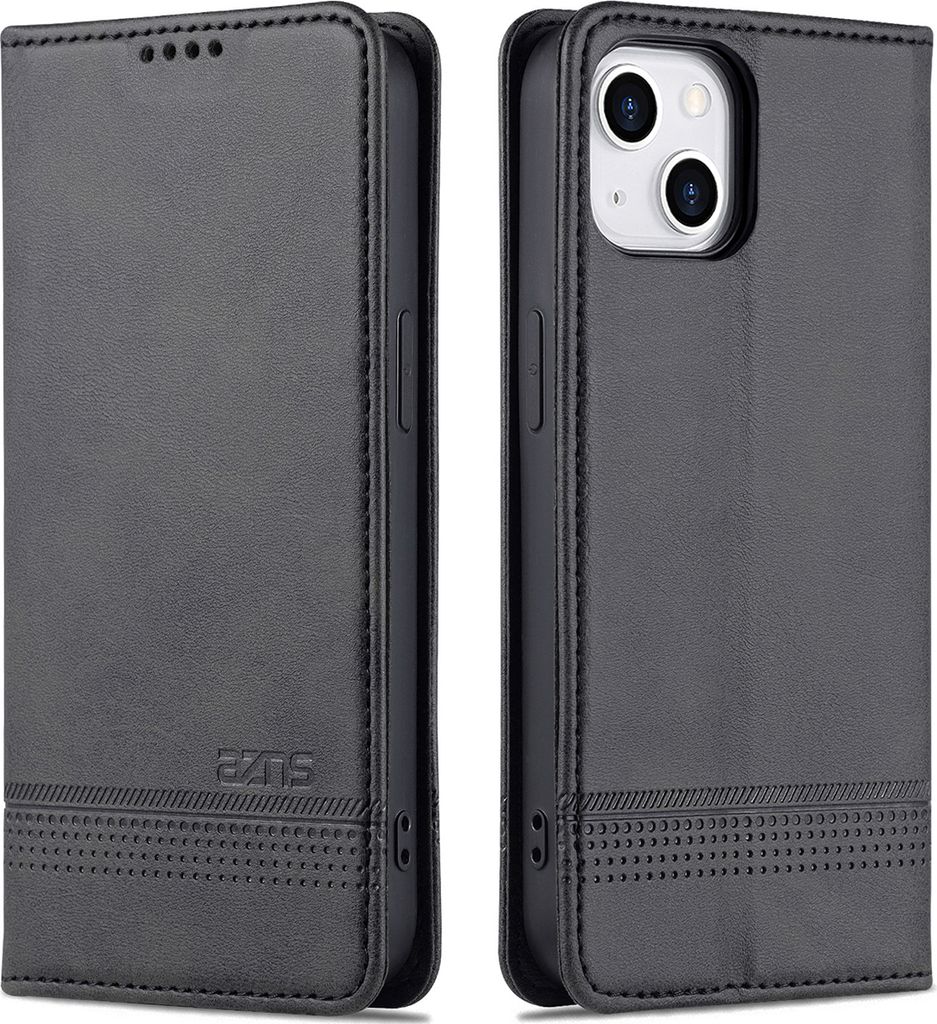 A black leather flip case for an iPhone is shown from two angles.