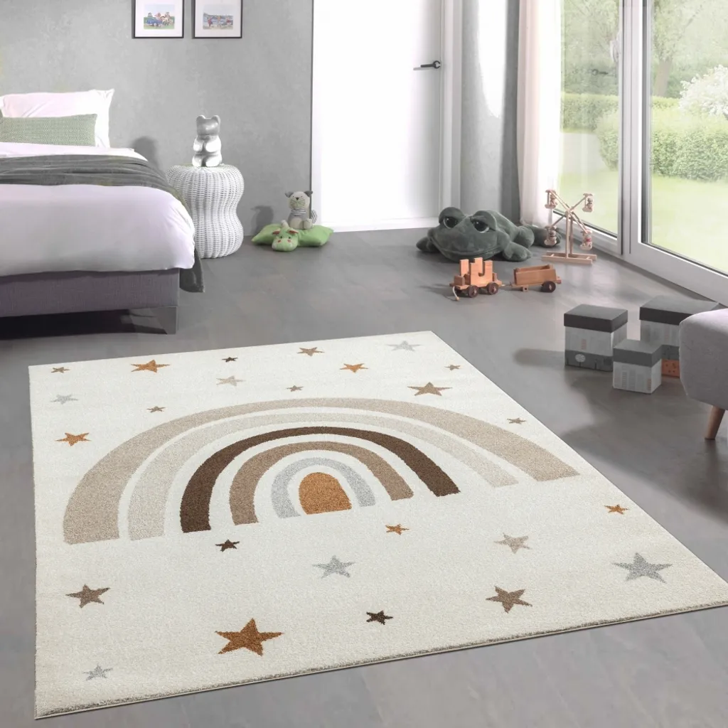 Tapis enfant anti-dérapant arc-en-ciel beige 160 cm rond et robuste