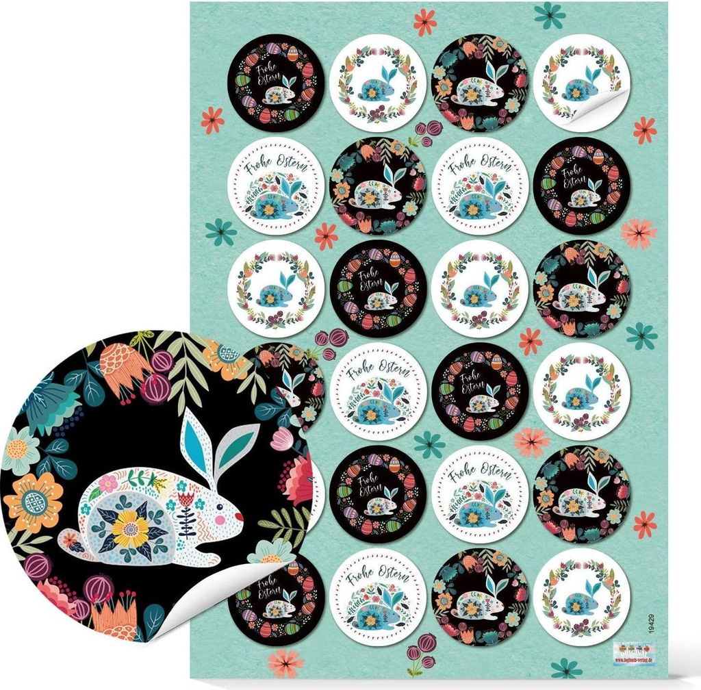 Logbuch-Verlag 24 florale Osteraufkleber schwarz bunt - Osterhasen & Blumen Aufkleber zu Ostern Folklore-Stil Geschenkaufkleber24 Aufkleber / 1 Bögen