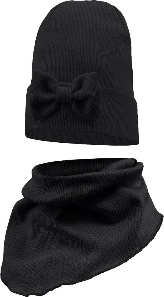 Mädchen Kinder Beanie Mütze Schlauchschal Set Frühling Herbst Übergang Beanie 48-50 Schwarz