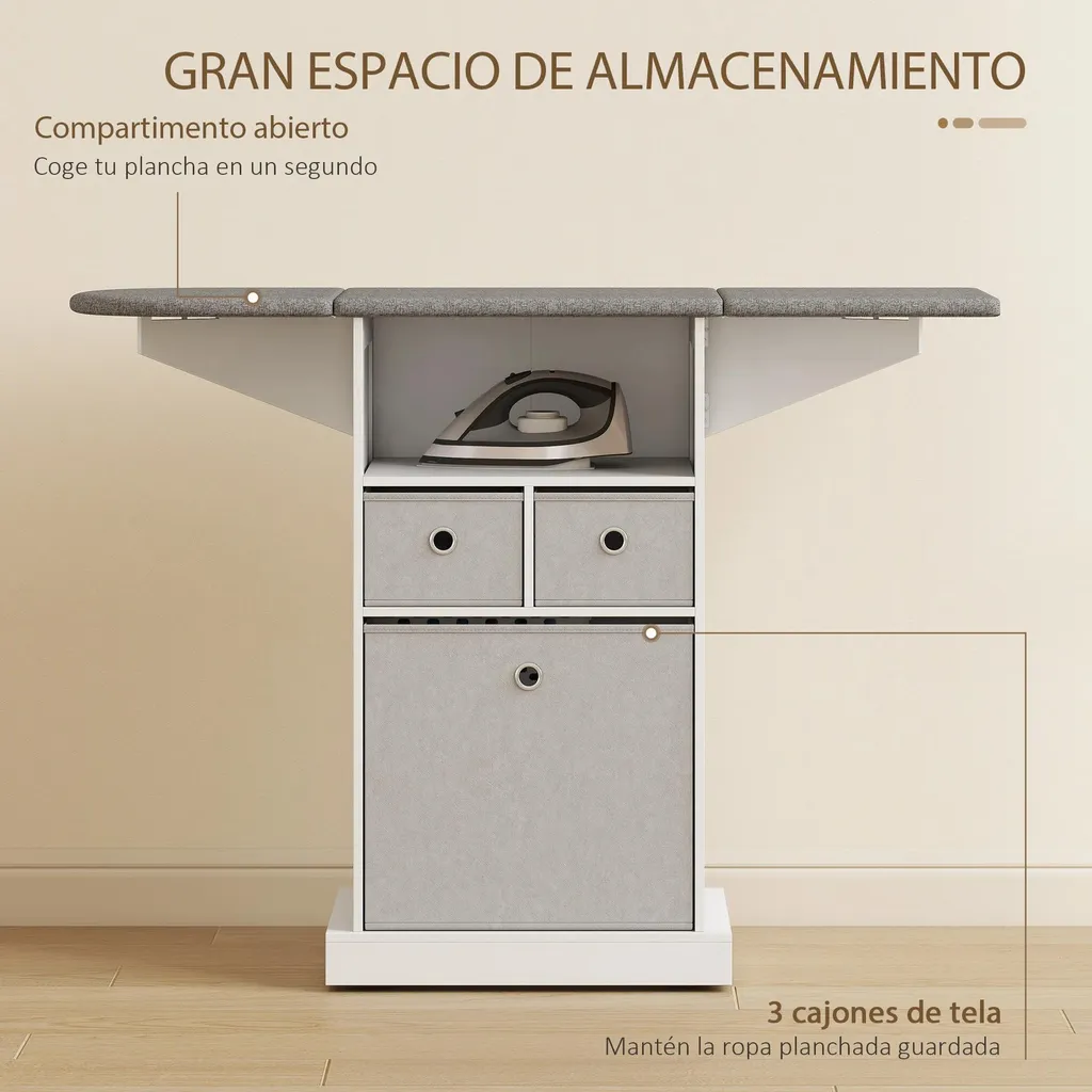 Station de repassage pliable L - Table avec 3 tiroirs et roulettes 121cm