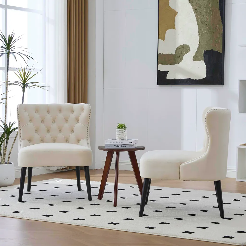okwish Fauteuil relax beige avec clous décoratifs et pieds bois massif