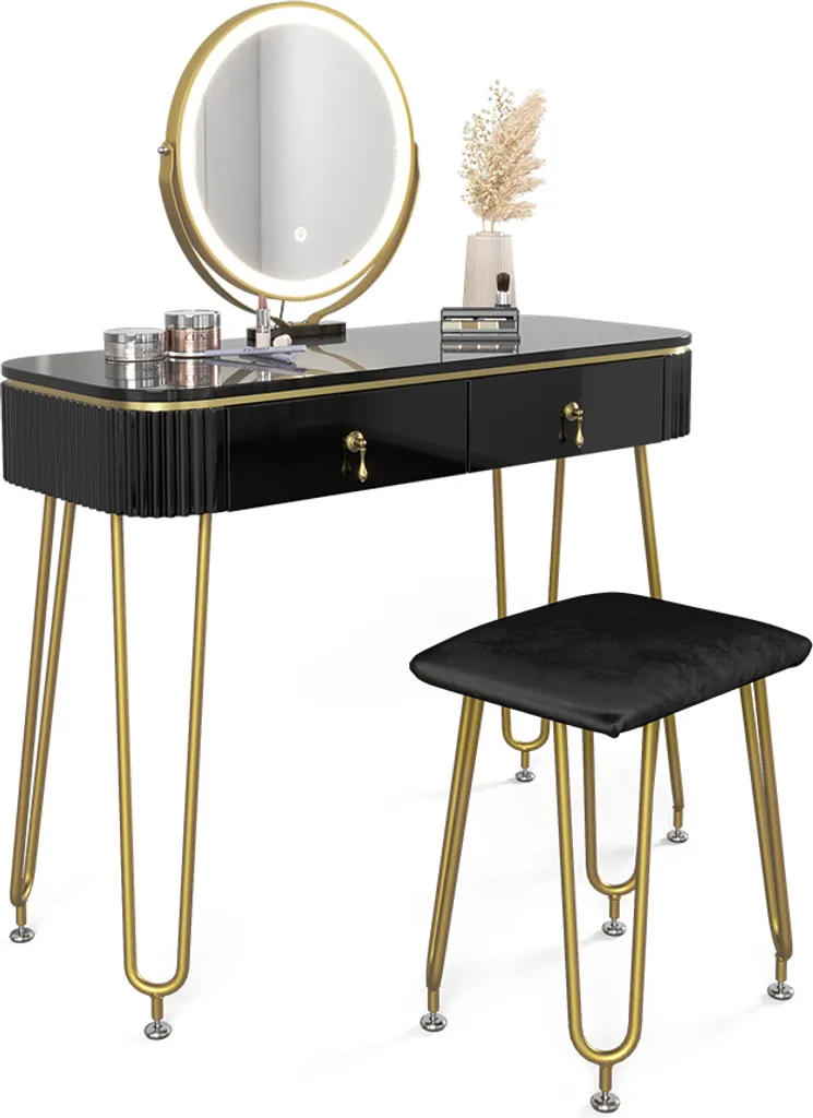 Coiffeuse de Chambre Vicco Grace Noir 100cm pour Maquillage avec LED