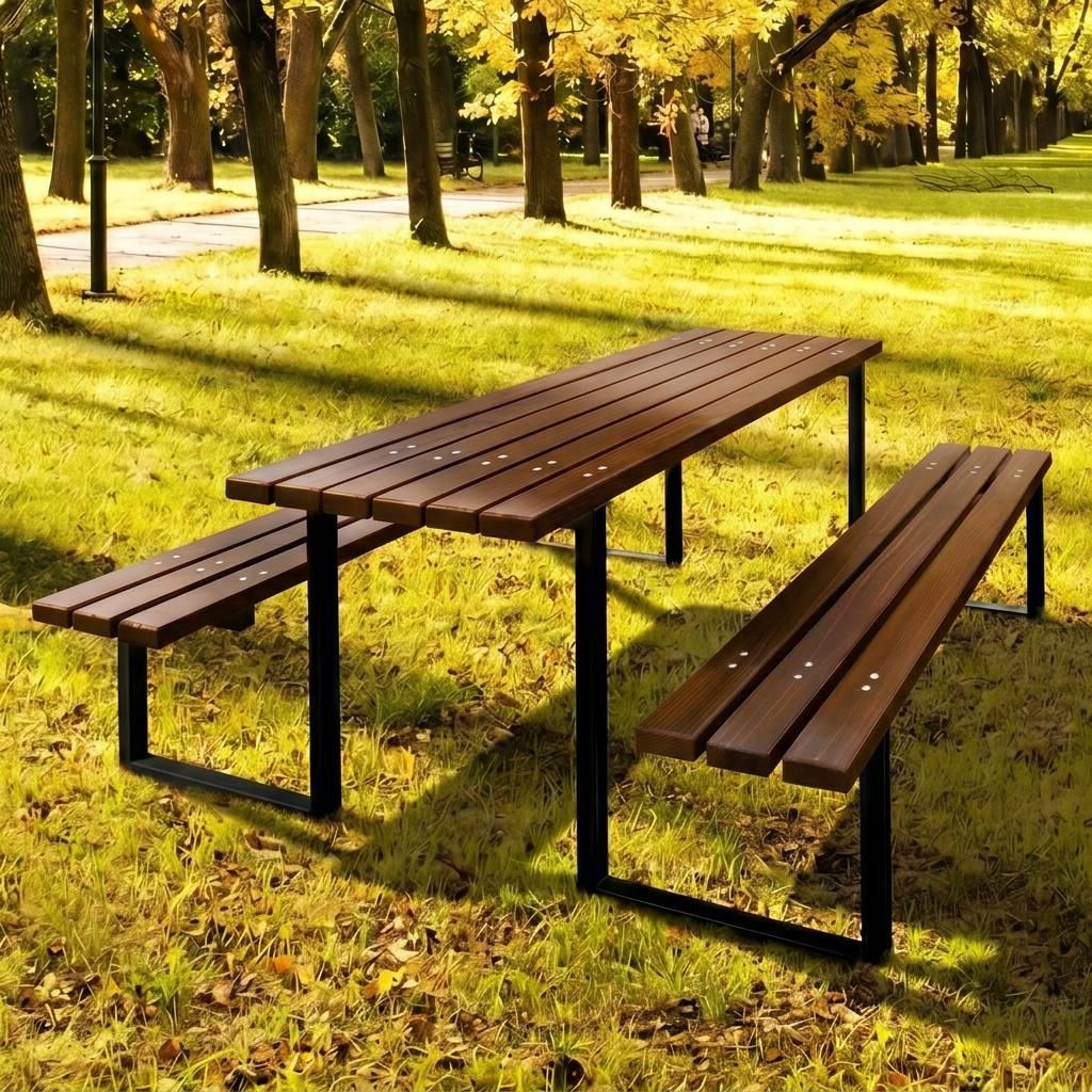 REKORD Atlas Palisander Massiver Picknicktisch Parktisch Sitzgruppe Holz Stahl 170x169x75cm Stabiler Gartentisch Bänke 6-8 Personen Wetterfest