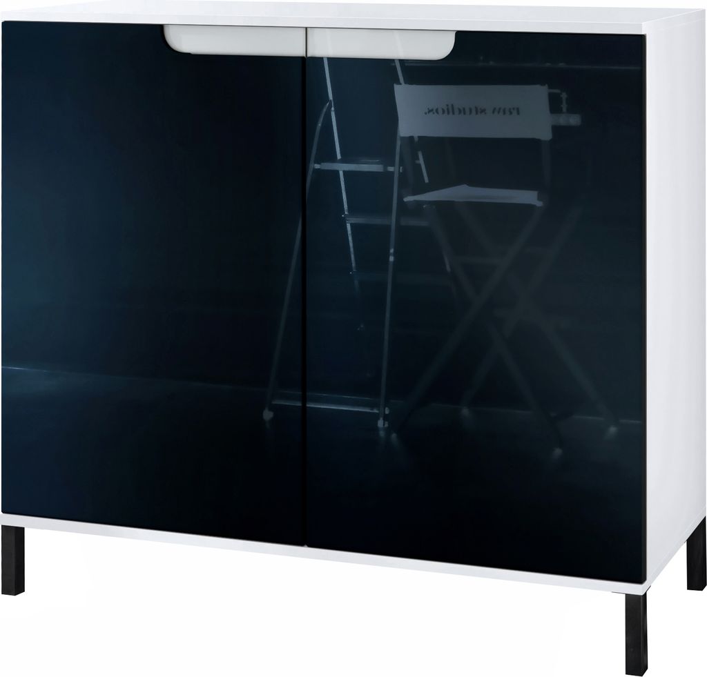 Vladon Kommode Sylt V3, Moderner Küchenschrank mit 2 großen Türen Weiß matt / Schwarz Hochglanz (92,5 x 83.5 x 35)